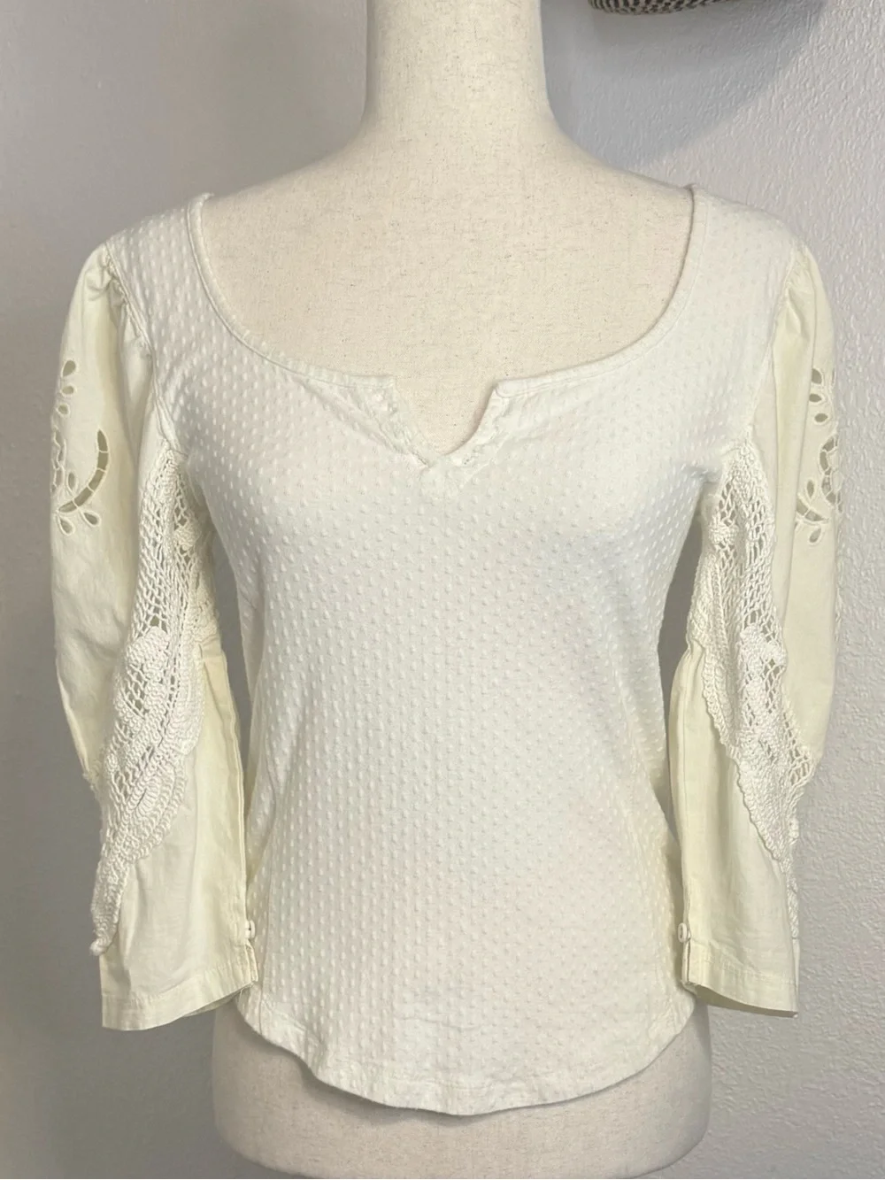 NWOT Free People Cream/Ivory Crochet Sleeve Top Medium Brunch Date